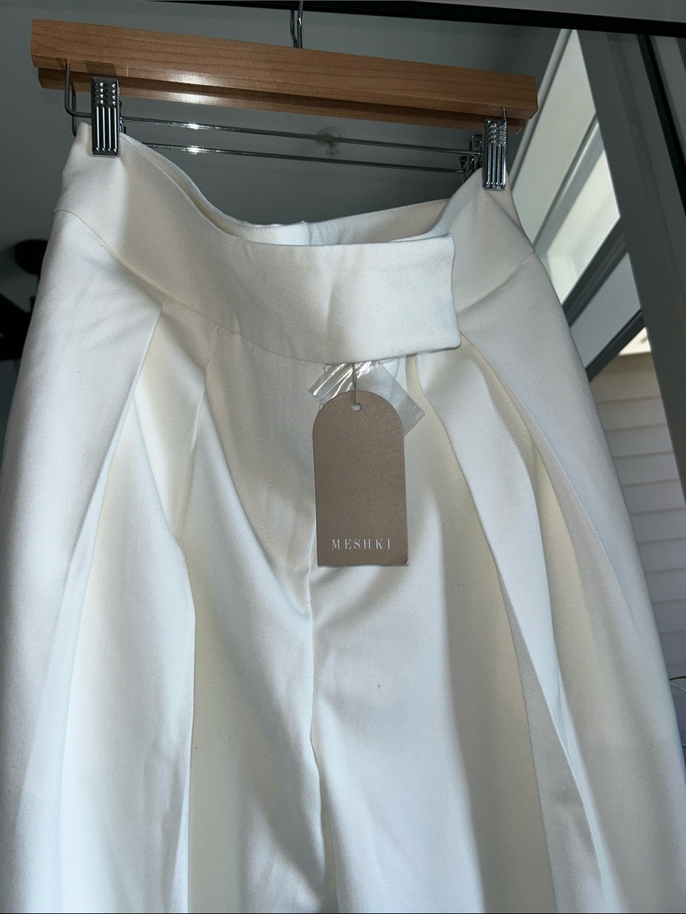 Meshki Ivory High-Waist Pleated Straight-Leg Trousers
